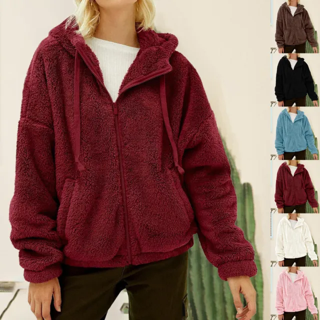 Women Teddy Bear Fluffy Hooded Zip Up Jacket Coat Fleece Sweatshirt Hoodie Size