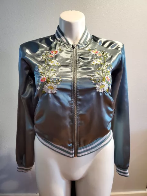 Romeo + Juliet Couture Women's M Floral Embroidered Sage Satin Bomber Jacket