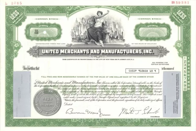 United Merchants and Manufacturers, Inc. - 1928 dated Specimen Stock Certificate