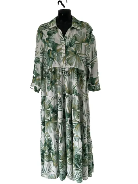 Reserved White & Green Leaf Printed Tiered Maxi Dress Size Uk 10