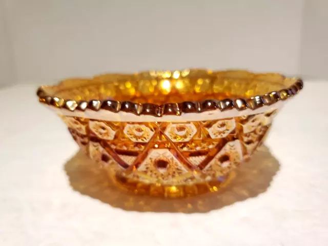 Imperial Diamond Lace Orange Gold Iridescent Carnival Glass Bowl 4.5"