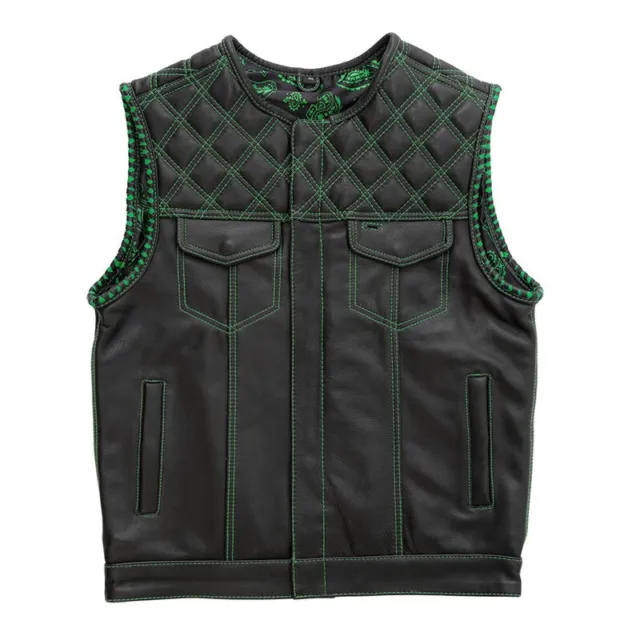 Men's Bikers Club Leather Braided Green Double Diamond Quilted Motorcycle Vest