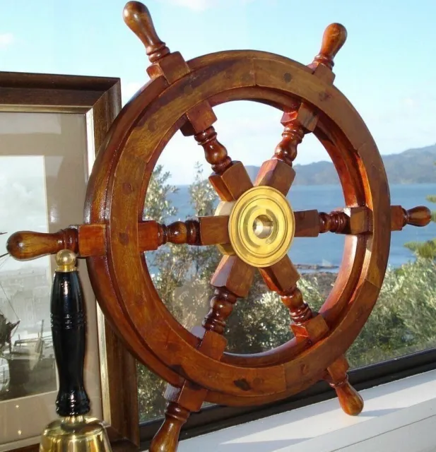 12"Nautical wooden brass ship wheel pirate wall decor Marine boat steering wheel