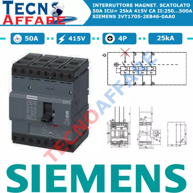 Interruttore Magnetotermico Scatolato 50A ICU=25kA 415V 4P Siemens