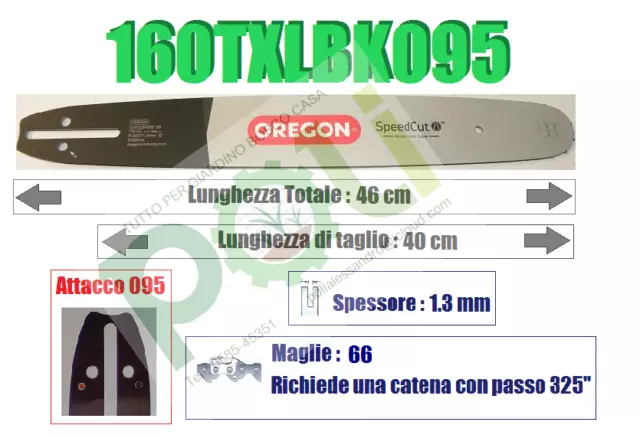 BARRA LAMA OREGON SPEEDCUT 160TXLBK095 40cm PASSO 325'' SPESSORE 1.3mm MAGLIE 66