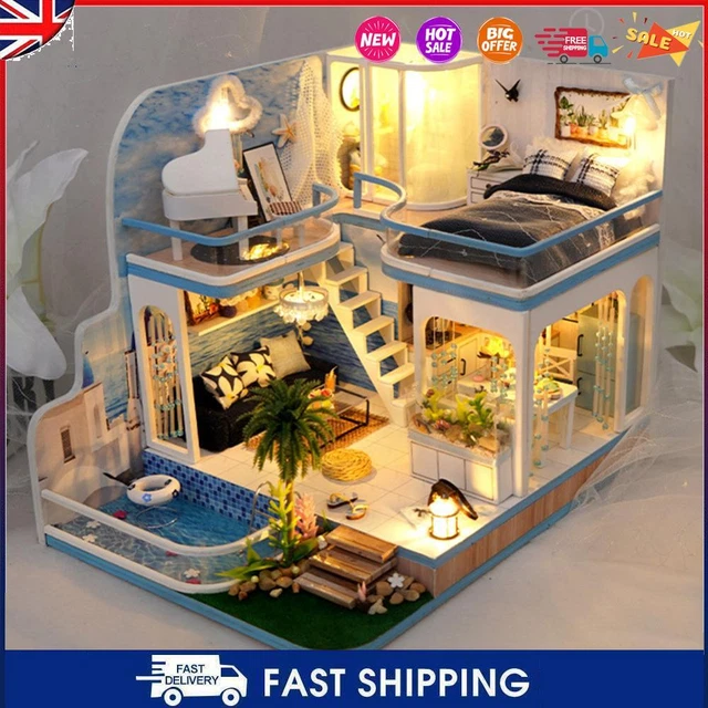 DIY Miniature Room Wooden Model House Kit with Dust Cover/Light/Accessories #C