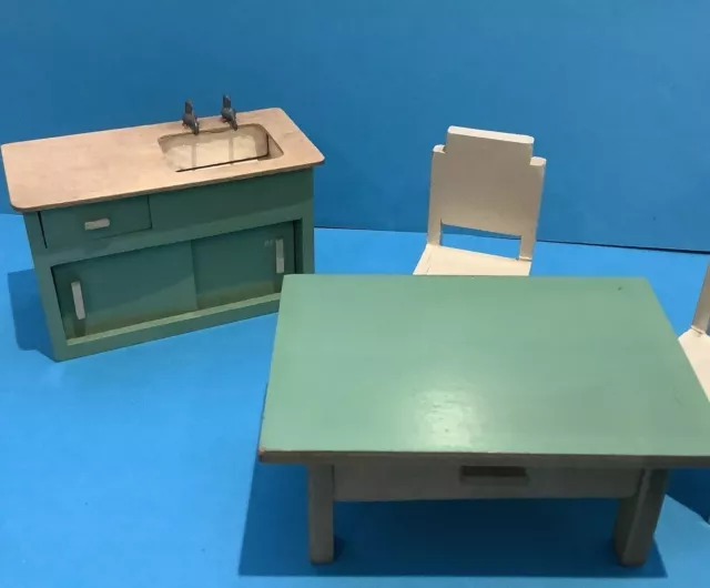 Vintage Dolls House Barton Early Green Kitchen Sink & Table & Chairs