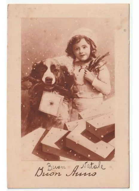 1935 Foto Tarjeta Postal Antigua Niño Perro de Cumpleaños Baby Con Cuatro Hojas