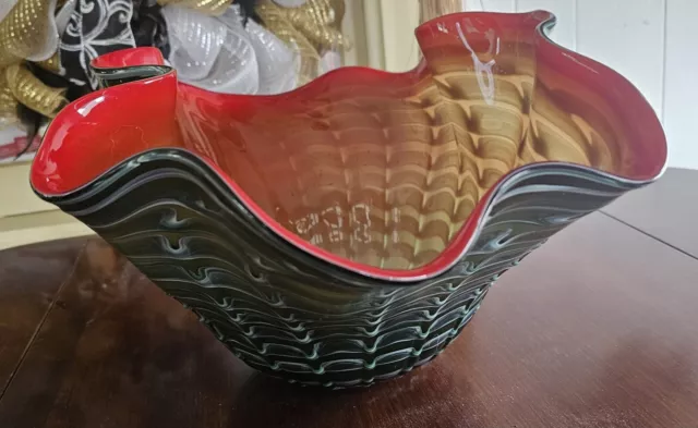 Large Art Glass Clam Wavy Shell Pearlescence Colorful Bowl Sculpture