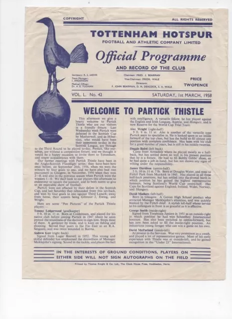 Tottenham Hotspur v Partick Th 1st March 1958 Friendly Match @ Whitehart Lane