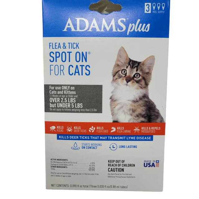 Adams Più Antipulci & Tick Spot On Gatti Sopra 2.5 LB Ma Sotto 5 3 Mese Fornire