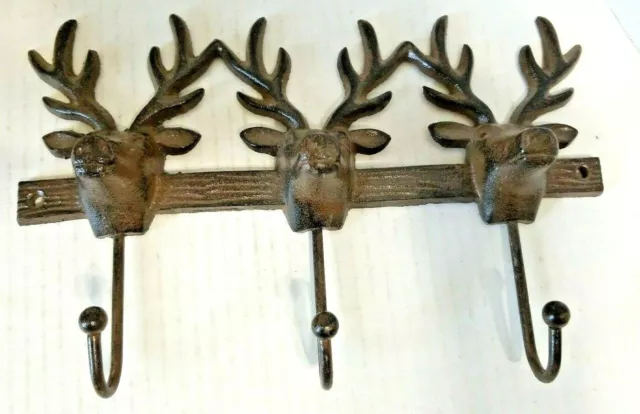 Cast Iron Rustic Elk Deer Moose Head Coat / Hat Rack w/ 3 Hooks Brown