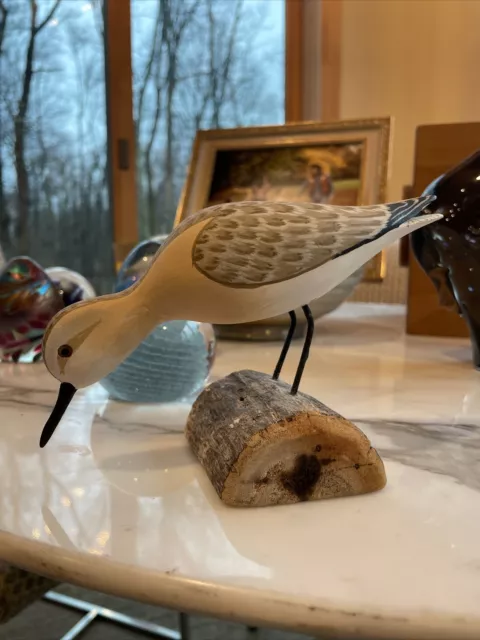 Vtg Signed H.V. Shourds Hand Carved Wooden Sand Piper Snipe Shorebird Decoy