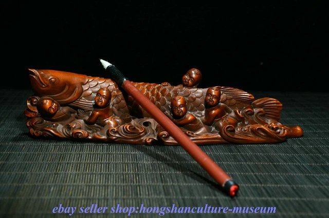 8 " China boxwood Wood Carved Fengshui Year Fish 5 Tongzi Pen Rack Penholder 2
