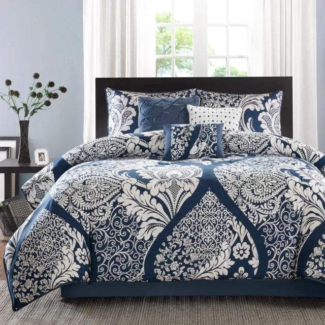 Navy Blue White Damask Scroll 7 pc Cotton Comforter Set Full Queen Cal King Bed 2