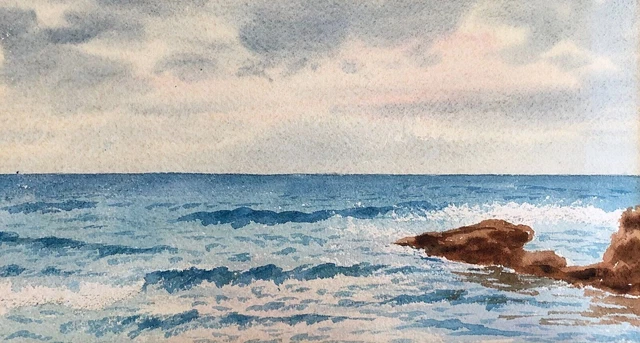 Old watercolour, Seaside, Early 20th century