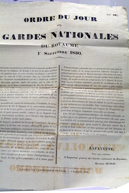 Tres RARE Ordre du Jour LAFAYETTE Profession foi politique Garde Nationale 1830 2