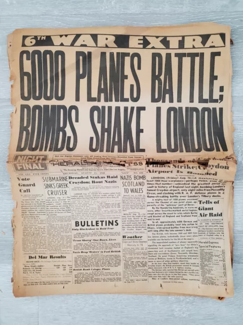 Vintage Los Angeles Herald 6th War Extra August 15 1940 - 6000 Planes Battle