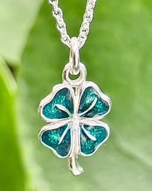 Shamrock Pendant Necklace 4 Leaf Clover Green Enamelled 18" Chain 925 Silver Box 2