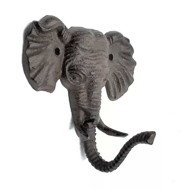 4 Elephant Head Coat Key Towel Hooks Cast Iron Wall Kitchen Rustic Safari Decor