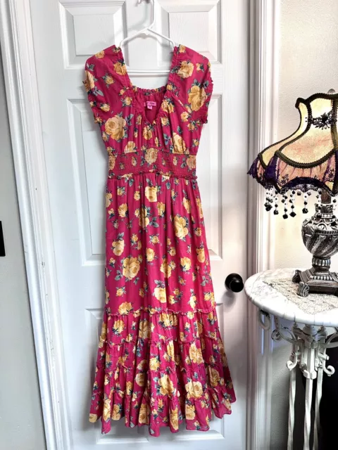 Betsey Johnson Womens Floral Tiered  Red Maxi Dress Size M Smocked Short Sleeve