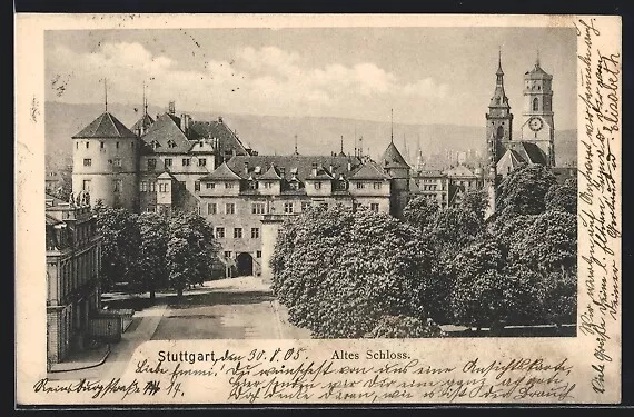 Stuttgart, Altes Schloss mit Uhrenturm, Ansichtskarte 1905