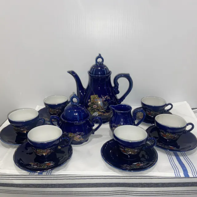 15 piece Vintage Japanese cobalt blue gold Wagon Style  tea set made in Japan