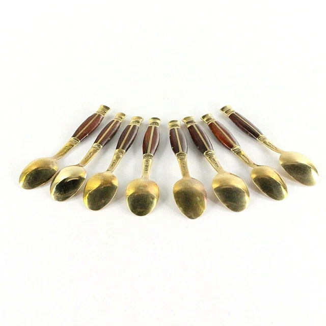 Vintage Hand Crafted Brass Spoon Set w/Inlayed Wood Thailand 4-3/4" (8 spoons)