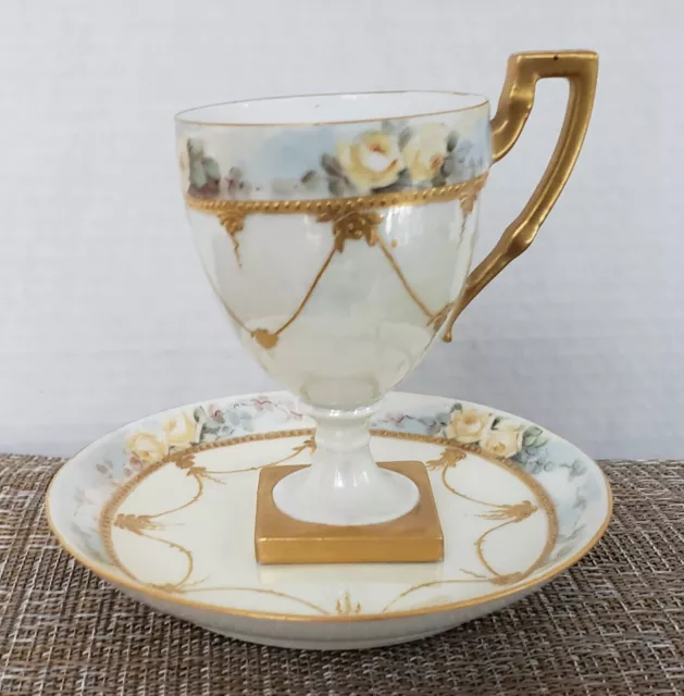 Limoges PP LaSeynie Square Footed Cup and Saucer Antique See Below