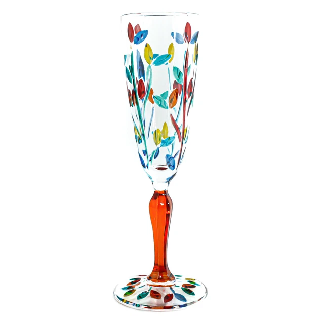 Murano Verre Champagne Multi Vin Orange Tige Main Peint Fleur Venise
