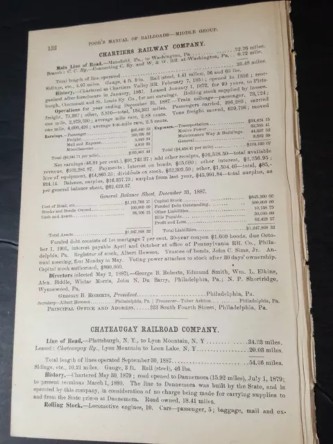 1888 train report CHARTIERS RAILWAY Mansfield Washington Pennsylvania railroad