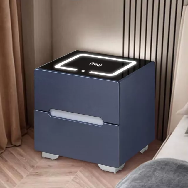 2 Drawers Bedside Table Wireless Charging Nightstand Bedside Cabinet  LED Top
