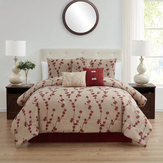 Comforter Set Bed in a Bag Red Floral Flower Pillowcase Sheet Queen Size 7-Piece