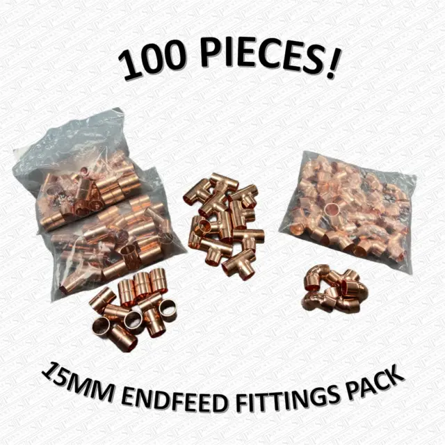 100 X PIECES 15mm End Feed Copper Pipe Fittings Mixed Pack Job Lot Plumbing