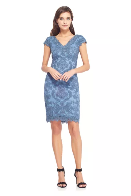 Tadashi Shoji ATY1304MZ Paillette Parker Dress Petite Sz 4P Steel Blue