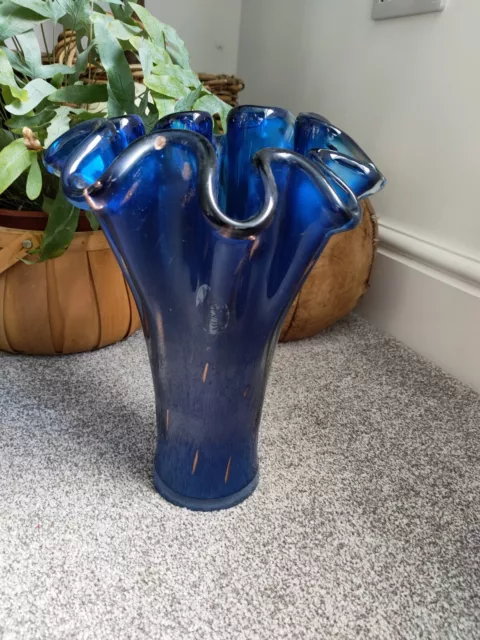 Murano Art Glass Bowl Cobalt Blue Gold Inlay vase vintage 30cm tall fazzoletto