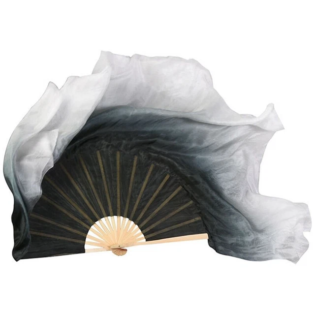 Handheld Bamboo Fan Pair for Folk Dance Show Props Black White Silk Fan3305