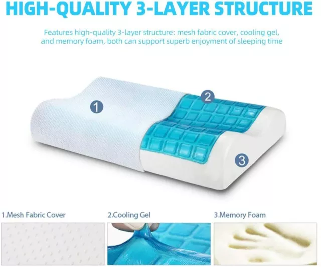 Deluxe Density Memory Foam Pillow with Cooling Gel Top with Cover Flat Curved AU