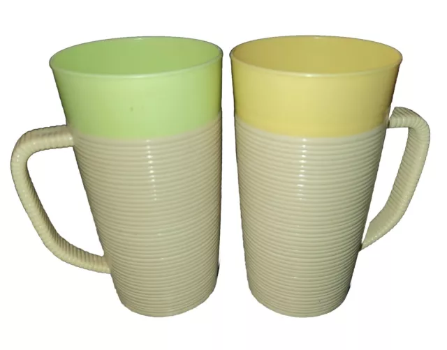 Vintage Thermo-Temp Raffiaware Cups Mugs With Handles X2 Green/Yellow   USA