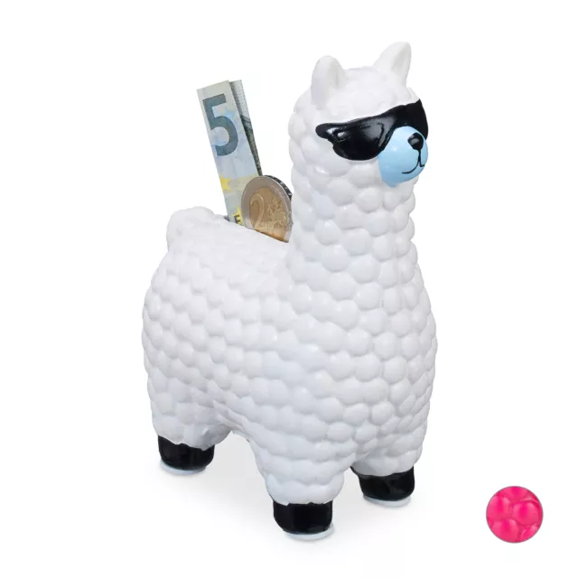 1 x Lama Spardose weiß, Sparbüchse Alpaka mit Sonnenbrille, Sparschwein Gelddose