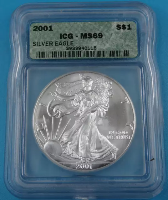 2001 American Silver Eagle ICG MS 69 Uncirculated 1 Troy Ounce .999 Fine