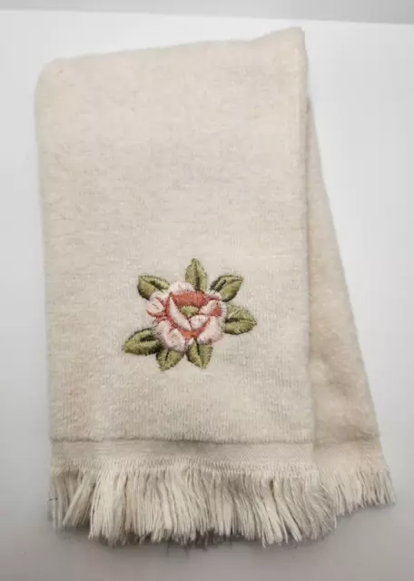 Vintage Embroidered Pink Rose Beige Velour Hand Towel by Avanti