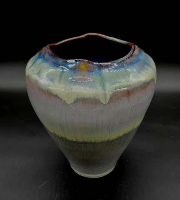 Bill Campbell Art Pottery Mottled Drip Glaze Blue Purple White Square Mouth 7”