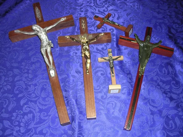 #B Lot of 5 Vintage Religious Catholic Crosses Wood & Metal Crucifixes