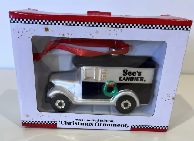 See's Candies Christmas Delivery Truck Glass Ornament 2022 Limited Edition-Used