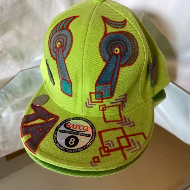 HatCo Size 8 Fitted Custom Art Graffiti BallCap Hat Flat Bill - Neon Green - XXL