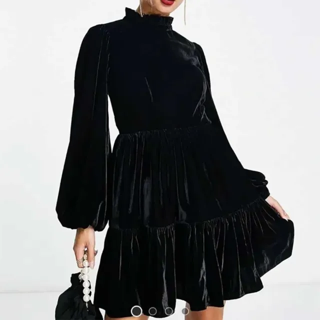 ASOS Black Velvet Mini Smock Dress with Pie Crust Neck pocket ties tiered ruffle