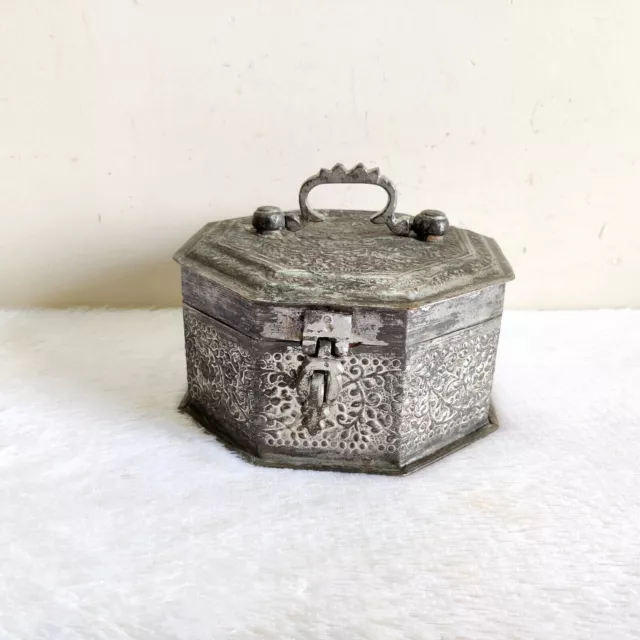 19c Vintage Embossed Copper Multi Compartment Betel Nut Box Rare Collectible