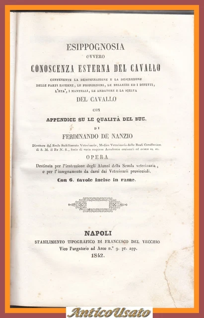 ESIPPOGNOSIA OVVERO CONOSCENZA ESTERNA DEL CAVALLO di De Nanzio 1842 Libro antic