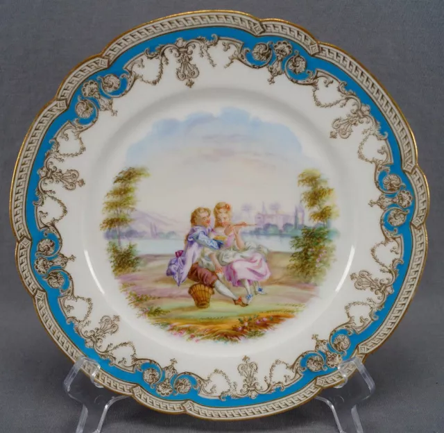 Old Paris Sevres Type Hand Painted Watteau Scene Celeste Blue Gold 9 1/4 Plate B